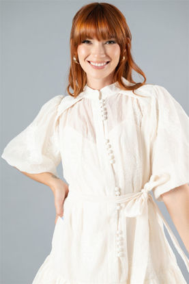Imagen de Vestido Cuello Chino, Mangas  Balloon, Vuelo Falda   ( Exclusivo Pagina)